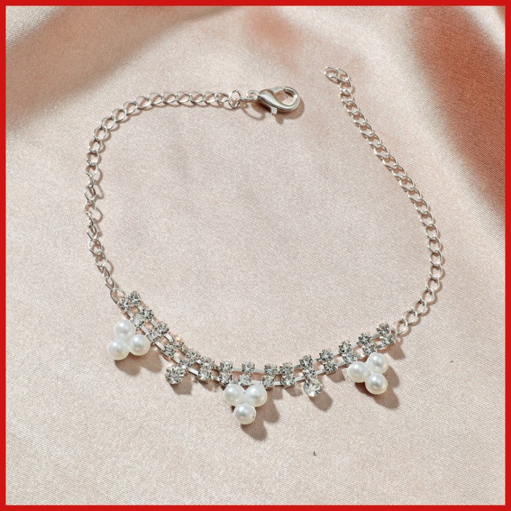 Adjustable Ankle Bracelet Silver White CZ With Pearls Lobster Claw Closure